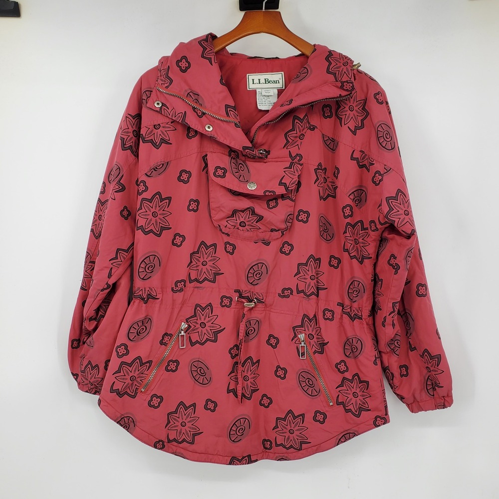LL Bean Vintage Red Floral Tribal Print Anorak Insulated Hooded Jacket Womens M
